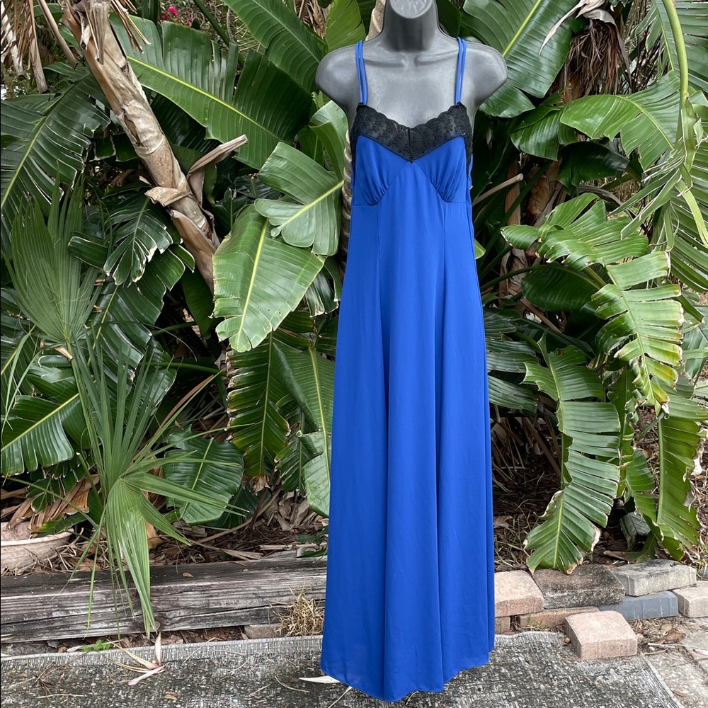 Finn and clover, black lace trimmed blue slip dress